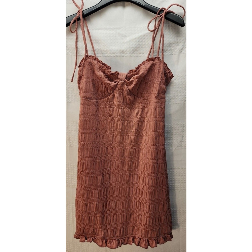 Speechless Smocked Mini Dress Womens Large Brown Tie Strap Ruffle Hem NEW